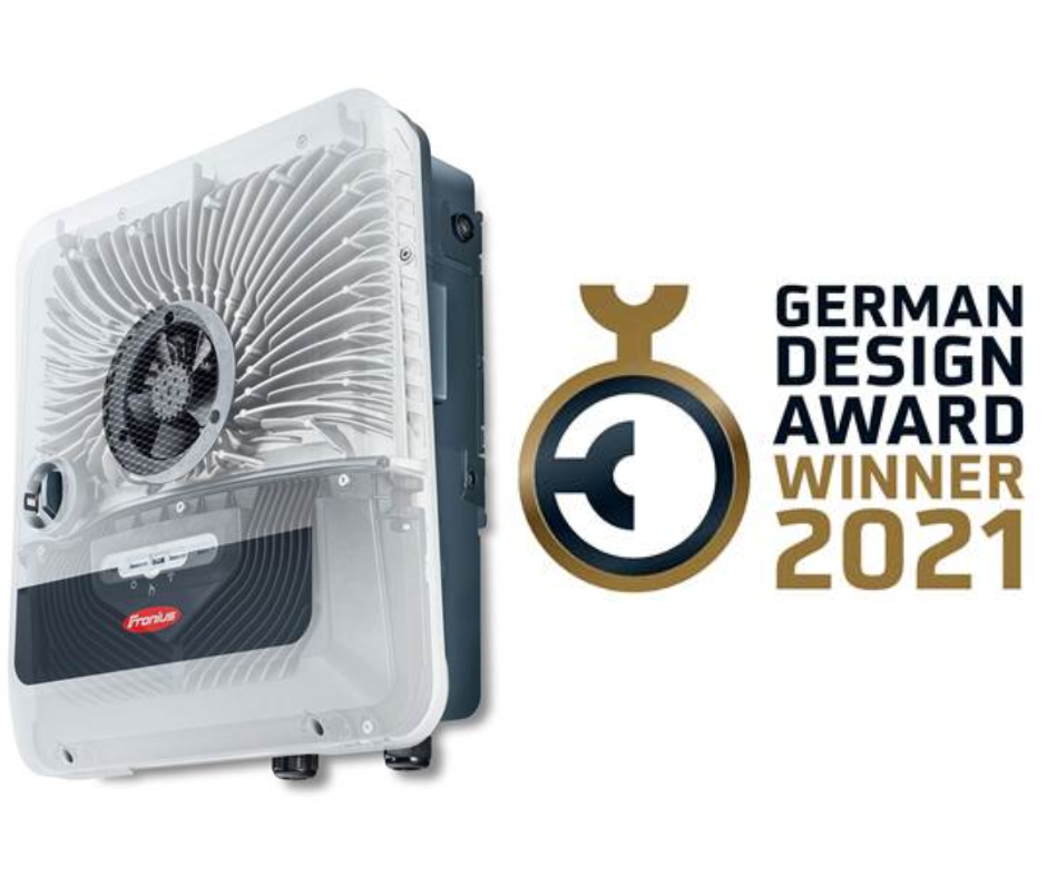 White Fronius solar inverter with German Design Award Winner 2021 certification badge