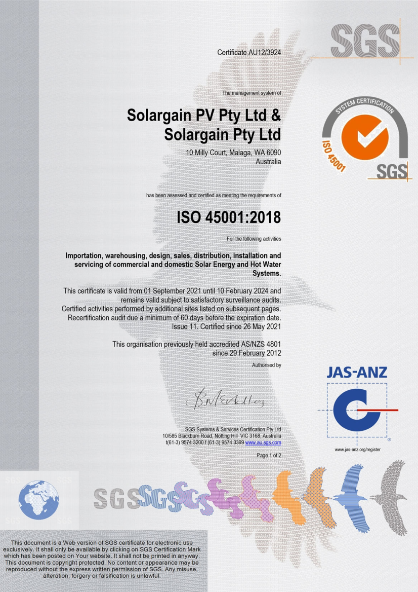 Solargain Commercial is compliant through international quality standards