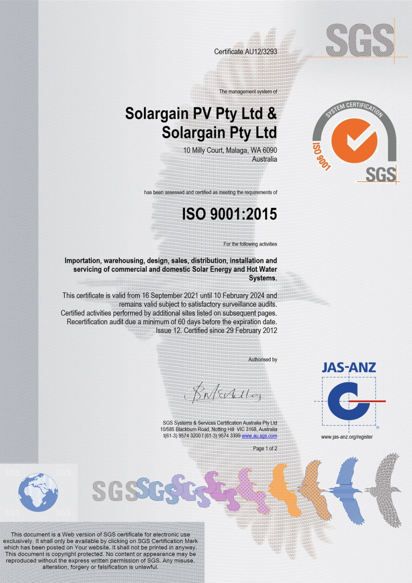 Solargain is compliant through international quality standards