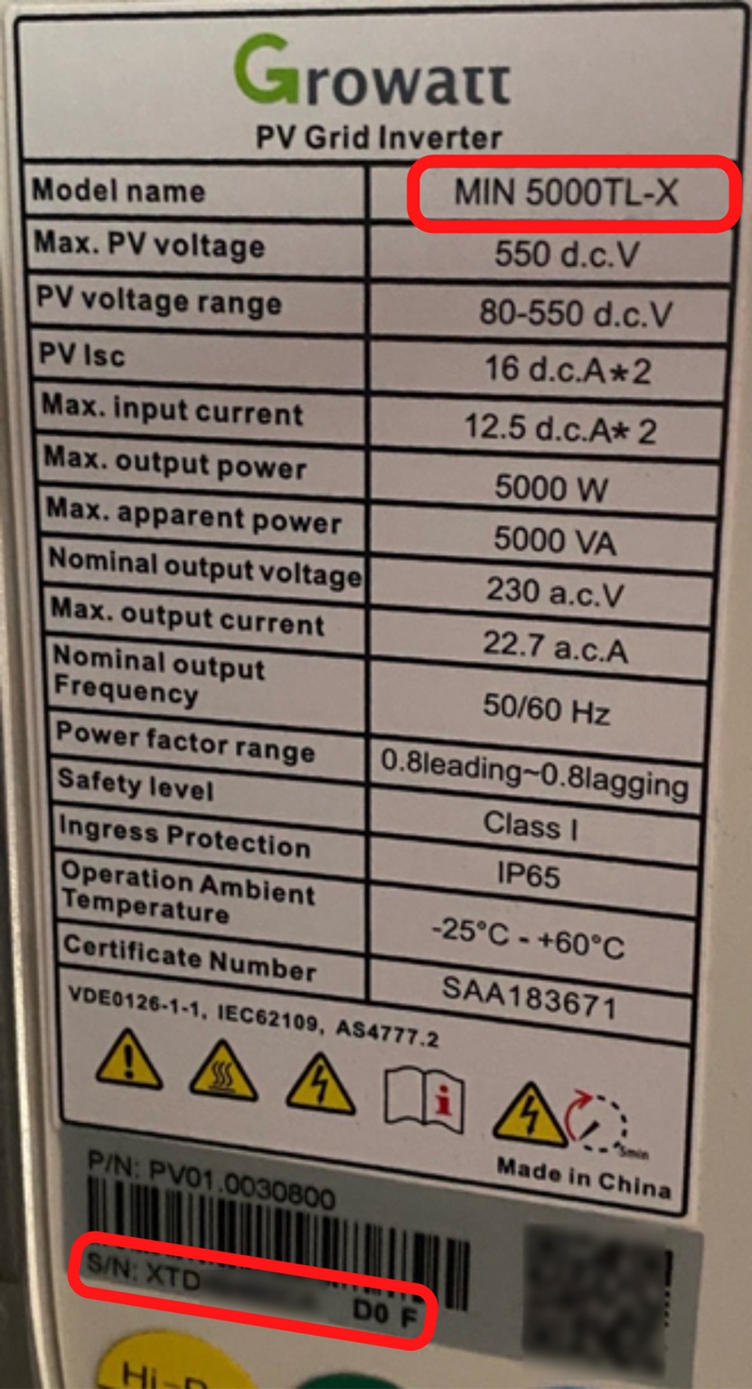 Growatt Inverter Label with Model and Serial Number Highlighted